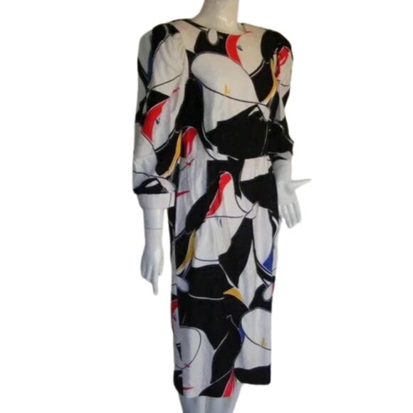 Vintage Dress, S, Abstract print, Shoulder pads, 3/4 sleeve, Low back, Buttons - Picture 2 of 8